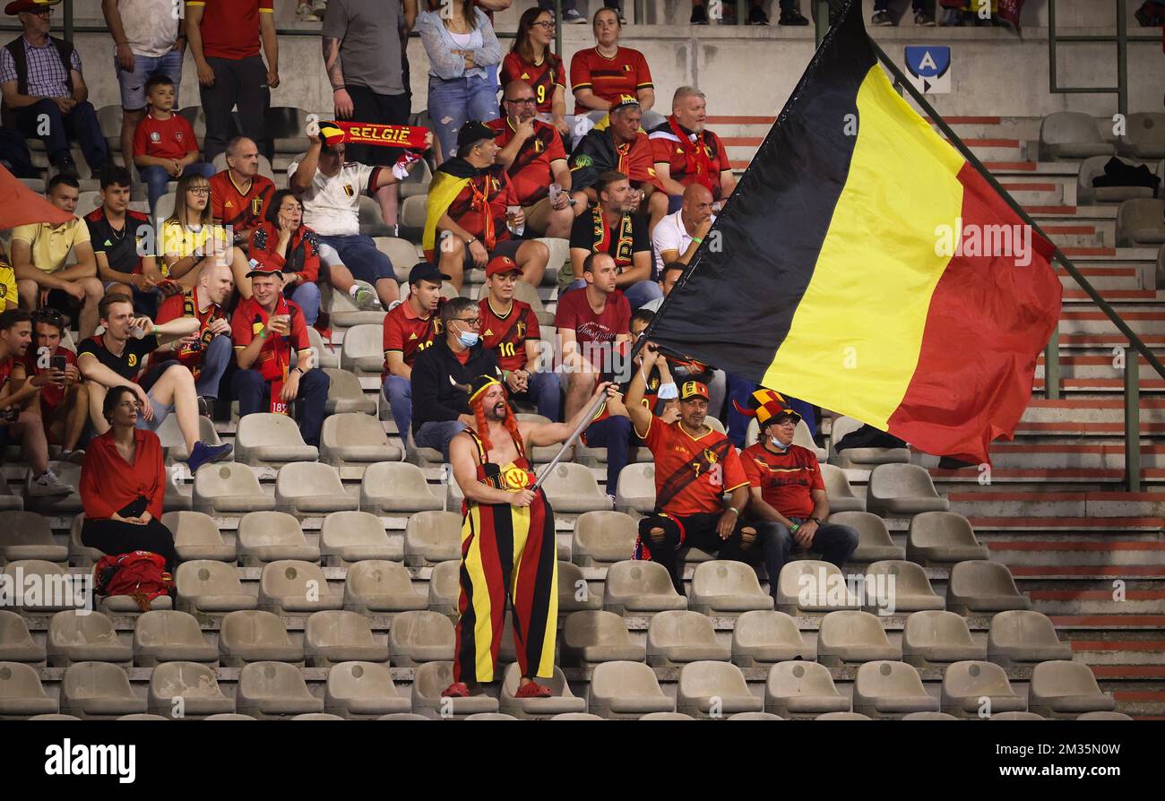 Red Devils Supporters Pictured During A Soccer Game Between Belgian