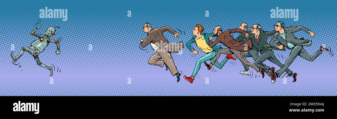 The robot runs away from the scientist man. Artificial intelligence and people concept. Lab Escape Stock Vector