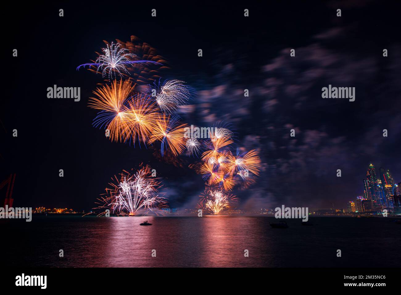 A beautiful shot of fireworks glowing in the night sky on UAE's National Day Stock Photo