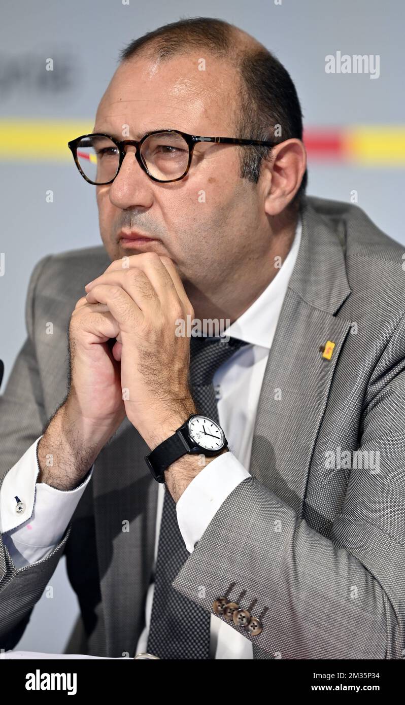 Walloon Minister for Local Authorities and Housing Christophe Collignon pictured during a press conference of Walloon government to present aditional measures to help victims of this summer floods, in Namur, Wednesday 15 September 2021. BELGA PHOTO ERIC LALMAND Stock Photo