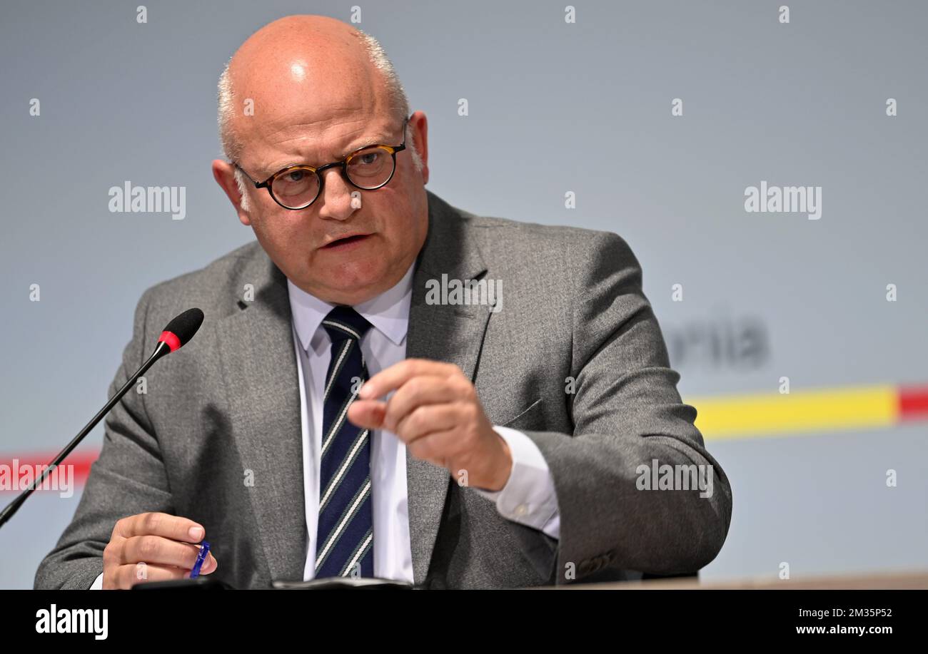 Walloon Ministre of Budget and Finances, Airports and Sports Infrastructure Jean-Luc Crucke pictured during a press conference of Walloon government to present aditional measures to help victims of this summer floods, in Namur, Wednesday 15 September 2021. BELGA PHOTO ERIC LALMAND Stock Photo