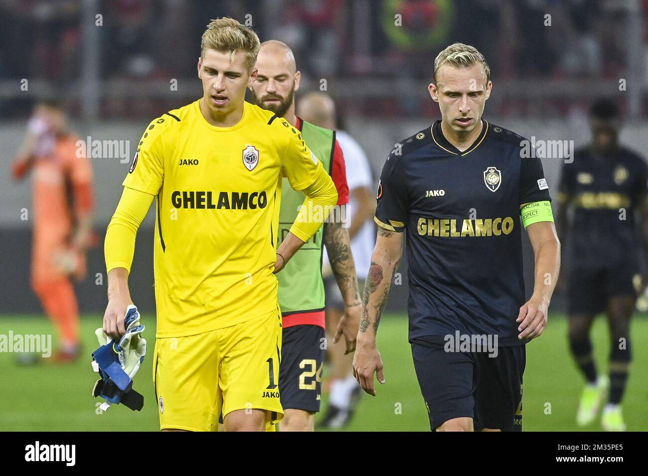 Antwerp's goalkeeper Jean Butez and Antwerp's Ritchie De Laet look dejected after a soccer game between Greek Olympiacos F.C. and Belgian Royal Antwerp FC, Thursday 16 September 2021 in Piraeus, Athens, Greece, on the first day (out of six) in the Group D of the UEFA Europa League group stage. BELGA PHOTO LAURIE DIEFFEMBACQ Stock Photo