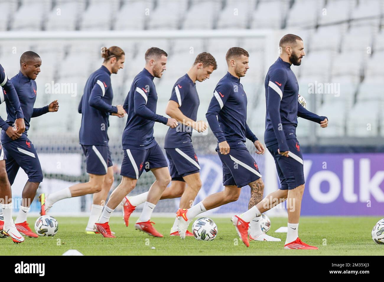 France's players pictured during a training session of the French national soccer team, in Torino, Italy, on Wednesday 06 October 2021. The team is preparing for the semi-finals of the Nations League, against Belgium on Thursday. BELGA PHOTO BRUNO FAHY Stock Photo