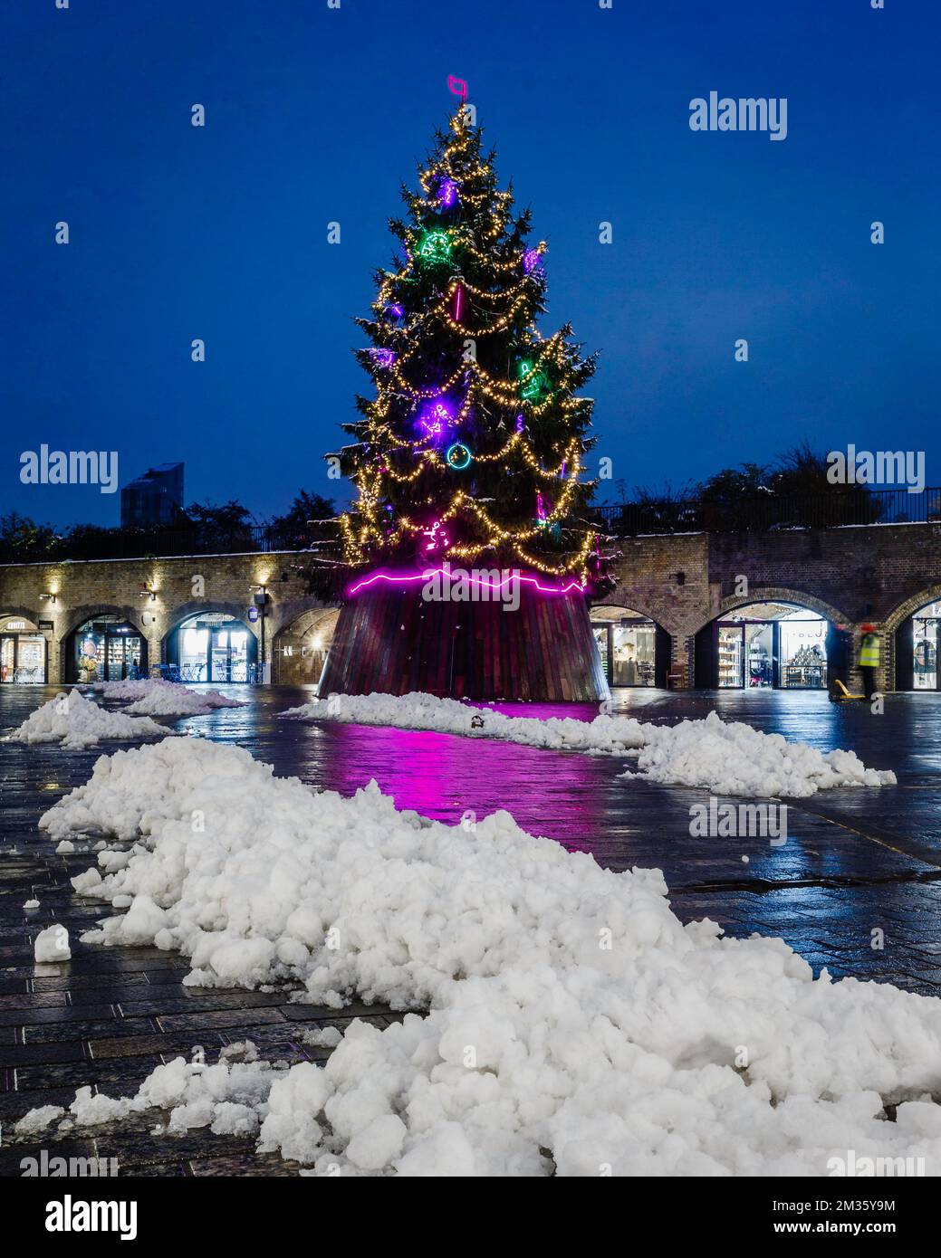 The pretty and colourful christmas tree in Coal Drops Yard in London. Stock Photo