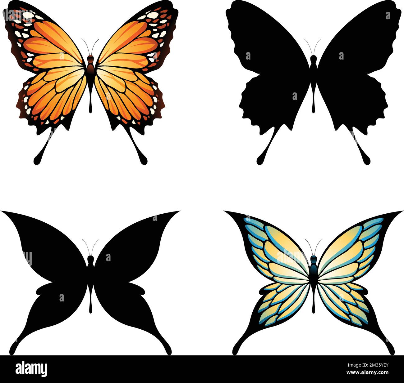 Orange, Yellow, Blue and Black Butterflies isolated on a White Background Stock Vector Image