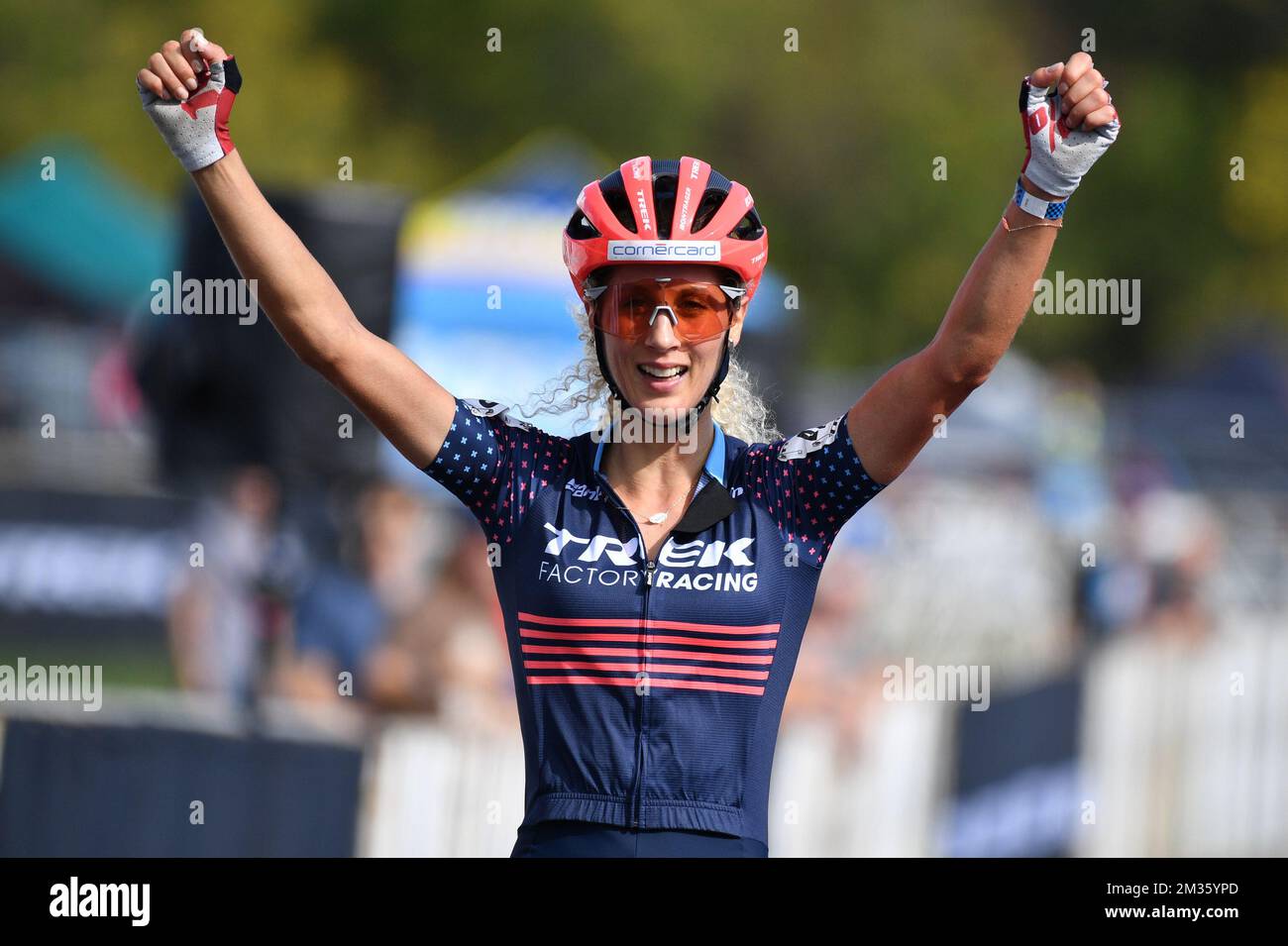 Swiss Jolanda Neff celebrates as she crosses the finish line to win the