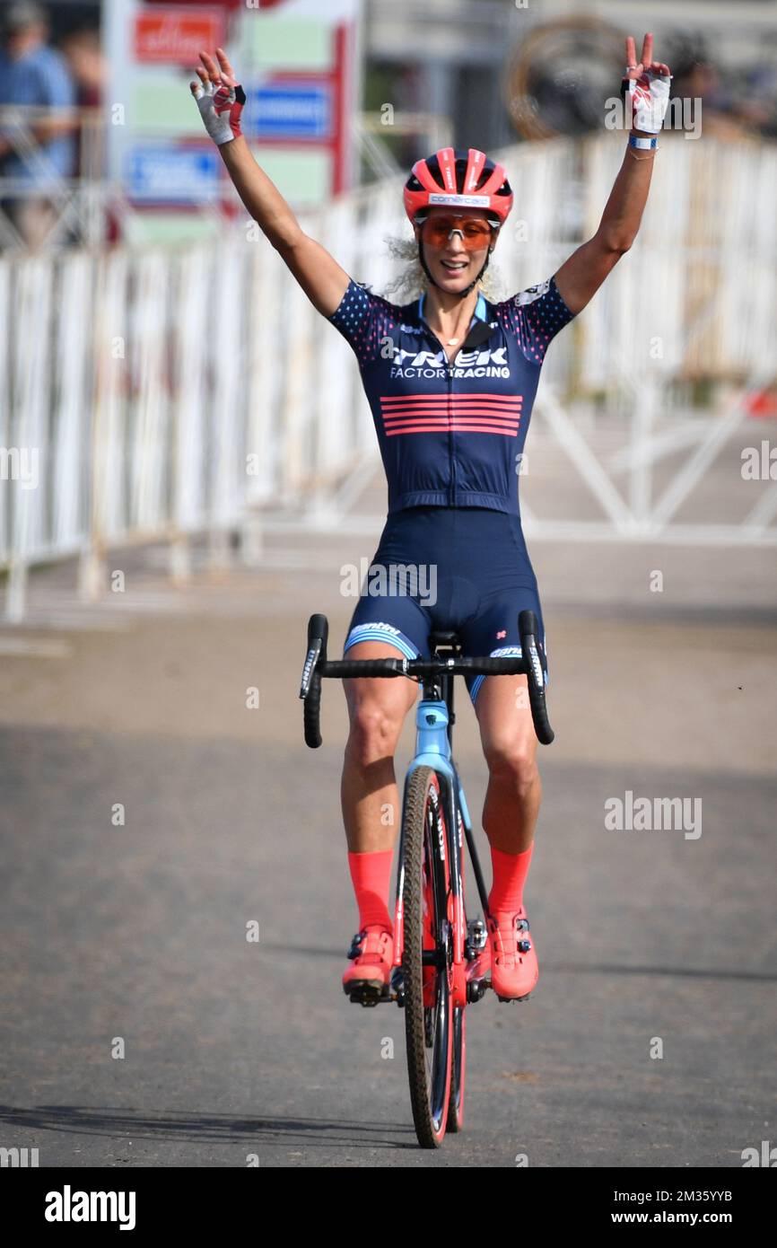 Swiss Jolanda Neff celebrates as she crosses the finish line to win the