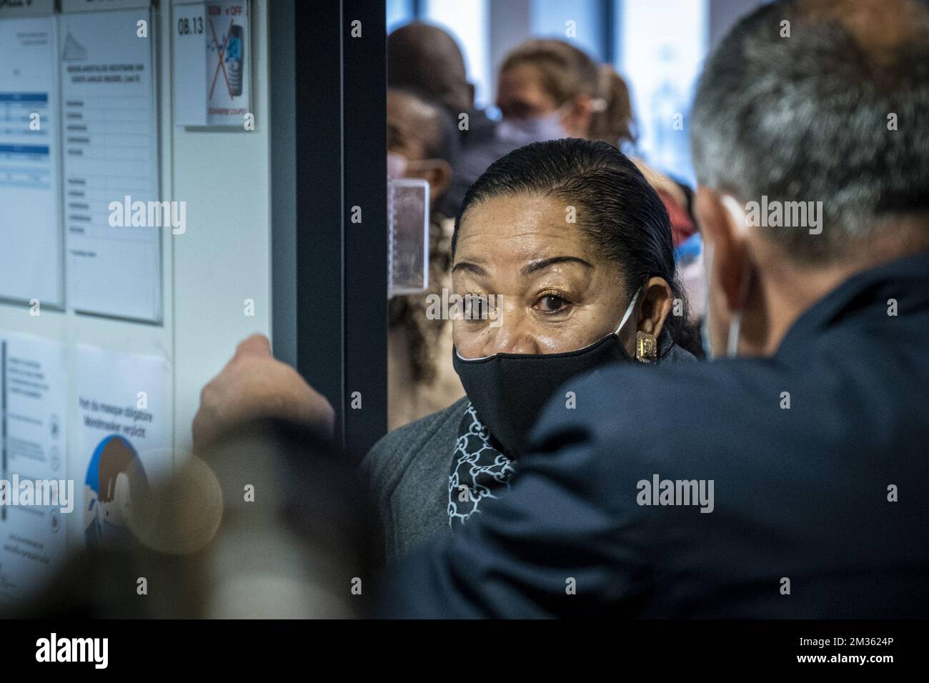 Lea Tavares Mujinga arrives for a hearing in the case of five Belgian-Congolese women against the Belgian State for crimes against humanity, Thursday 14 October 2021. Five women, born in Congo, from Congolese mothers and European colonial fathers, are among the victims of the segregation of mixed-race children in the Congo at the end of the colonial period, they were taken from their mothers and placed in orphanages. BELGA PHOTO HADRIEN DURE Stock Photo