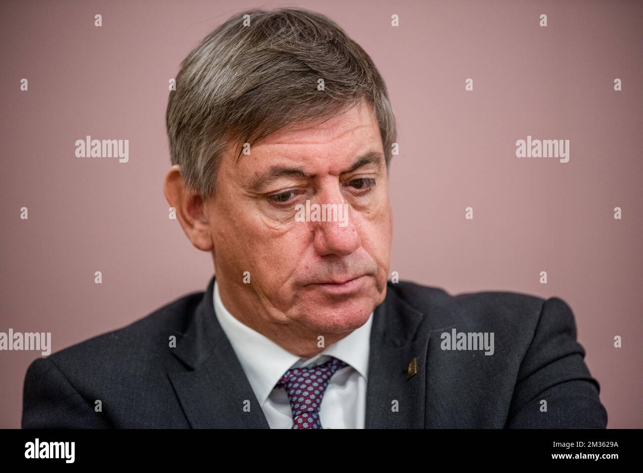 Flemish Minister President Jan Jambon pictured at a press conference at  Kunsthalle München in Munich, Germany on Thursday 14 October 2021. The  Flemish Government acquired the painting 'Ontwikkeling van een thema in