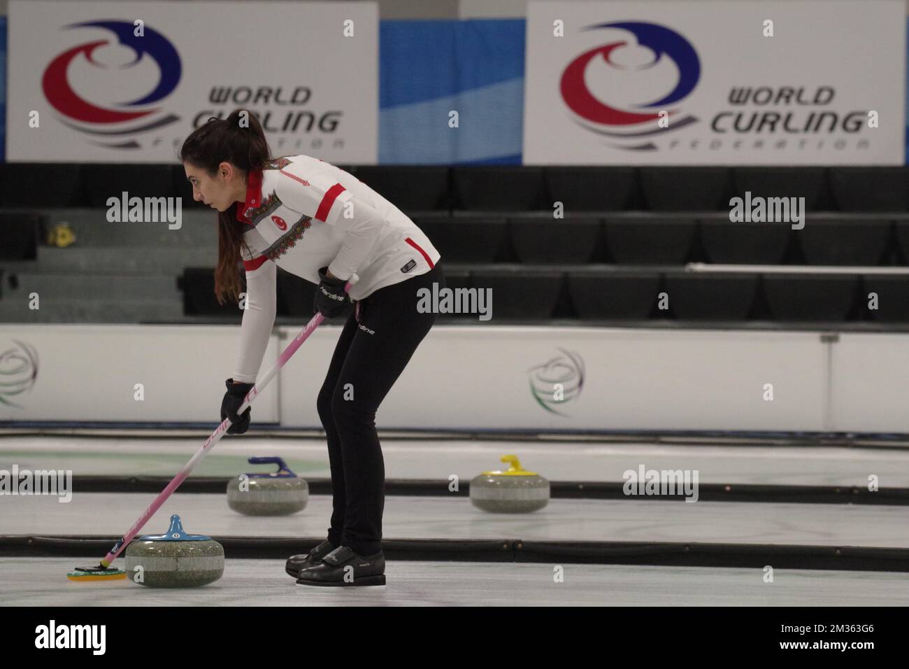 Dumfries, Scotland, 6 December 2022. Dilsat Yildiz playing for Turkiye in the World Mixed Doubles Qualification Event 2022 at Dumfries Ice Bowl. Credit: Colin Edwards Stock Photo