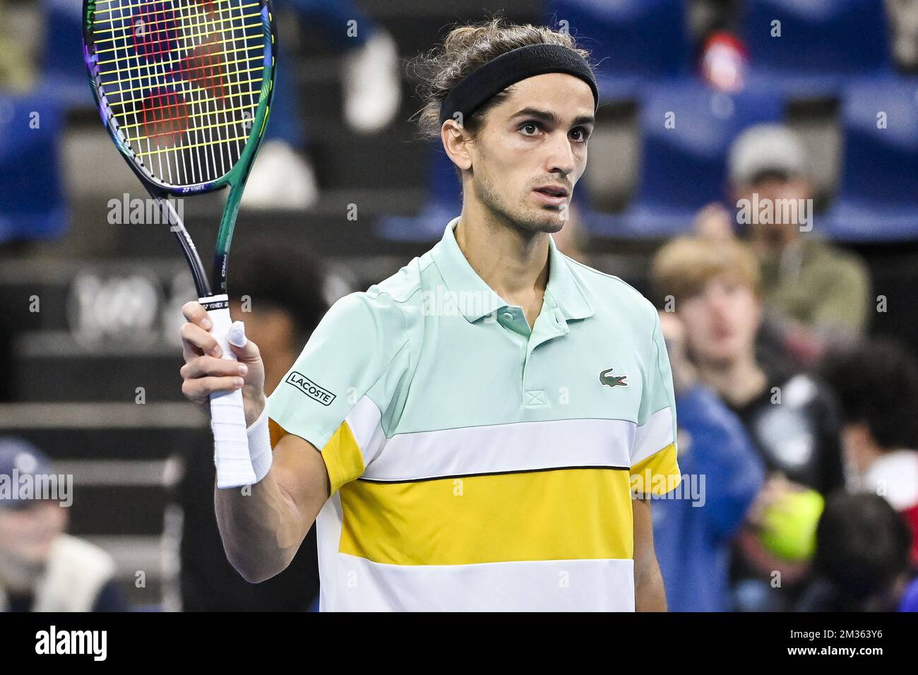 French Pierre-Hugues Herbert celebrates after winning a match between  Danish Rune and French Herbert, in the qualifications for the European Open Tennis  ATP tournament, in Antwerp, Sunday 17 October 2021. BELGA PHOTO