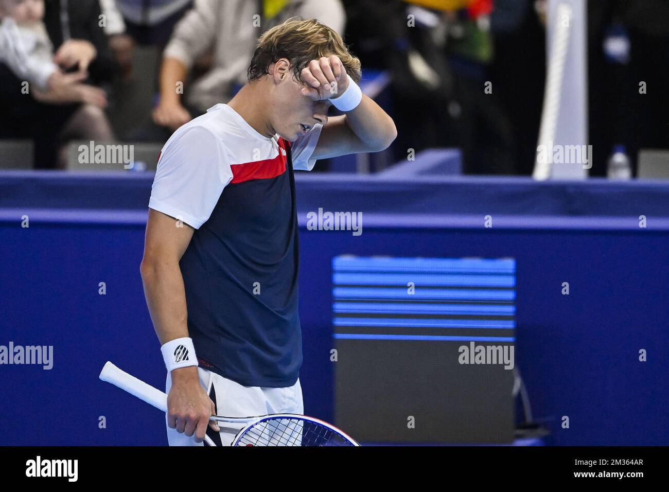 Belgian Michael Geerts looks dejected during a match between American Brooksby and Belgian Geerts, in the qualifications for the European Open Tennis ATP tournament, in Antwerp, Sunday 17 October 2021