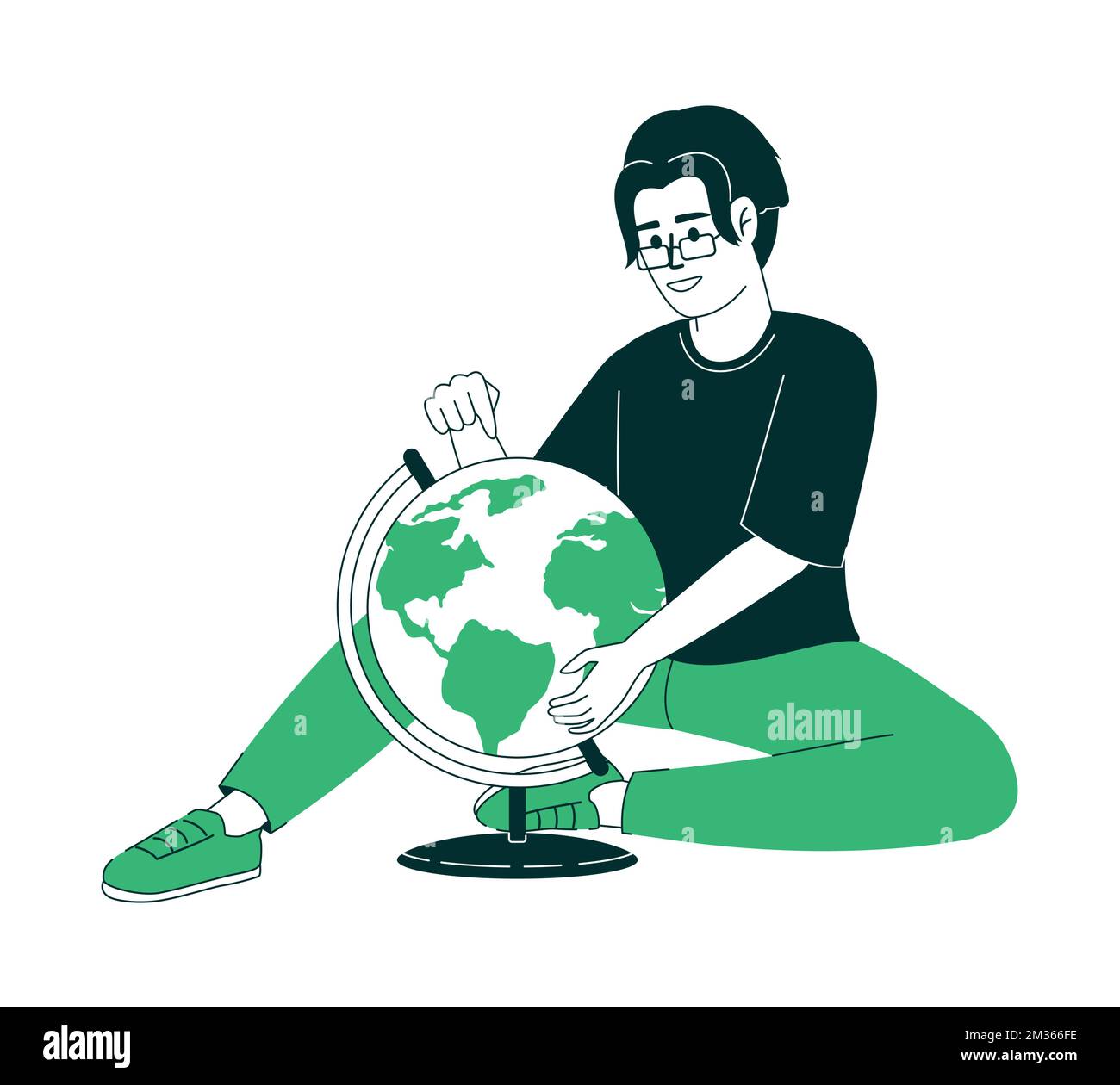 Man choosing place on globe flat color linear vector character Stock ...