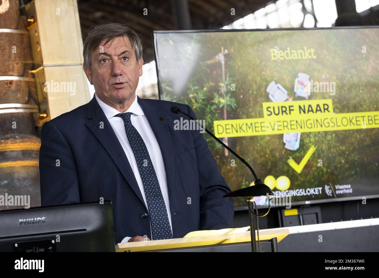 FOCUS COVERAGE REQUESTED TO BELGA - Flemish Minister President Jan Jambon pictured during Press and partners event around the Verenigingsloket for the launch of the digitization project, in Brussels, Thursday 21 October 2021. With the Verenigingsloket, an umbrella service platform for associations and local authorities, the Flemish government wants to bring together and simplify all interactions between associations and service providers in one place and thus facilitate administration for associations and make it more efficient, clearer and more pleasant. BELGA PHOTO HATIM KAGHAT Stock Photo