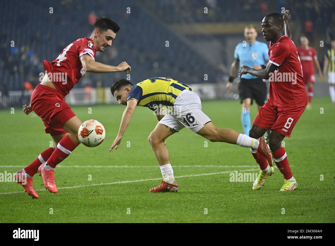 Antwerp's Dinis Almeida, Fenerbahce Ferdi Kadioglu and Antwerp's Alhassan Yusuf Abdullahi fight for the ball during a match between Turkish team Fenerbahce and Belgian soccer team Royal Antwerp FC, Thursday 21 October 2021 in Istanbul, Turkey, on the third day of the UEFA Europa League group stage, in group D. BELGA PHOTO LAURIE DIEFFEMBACQ Stock Photo