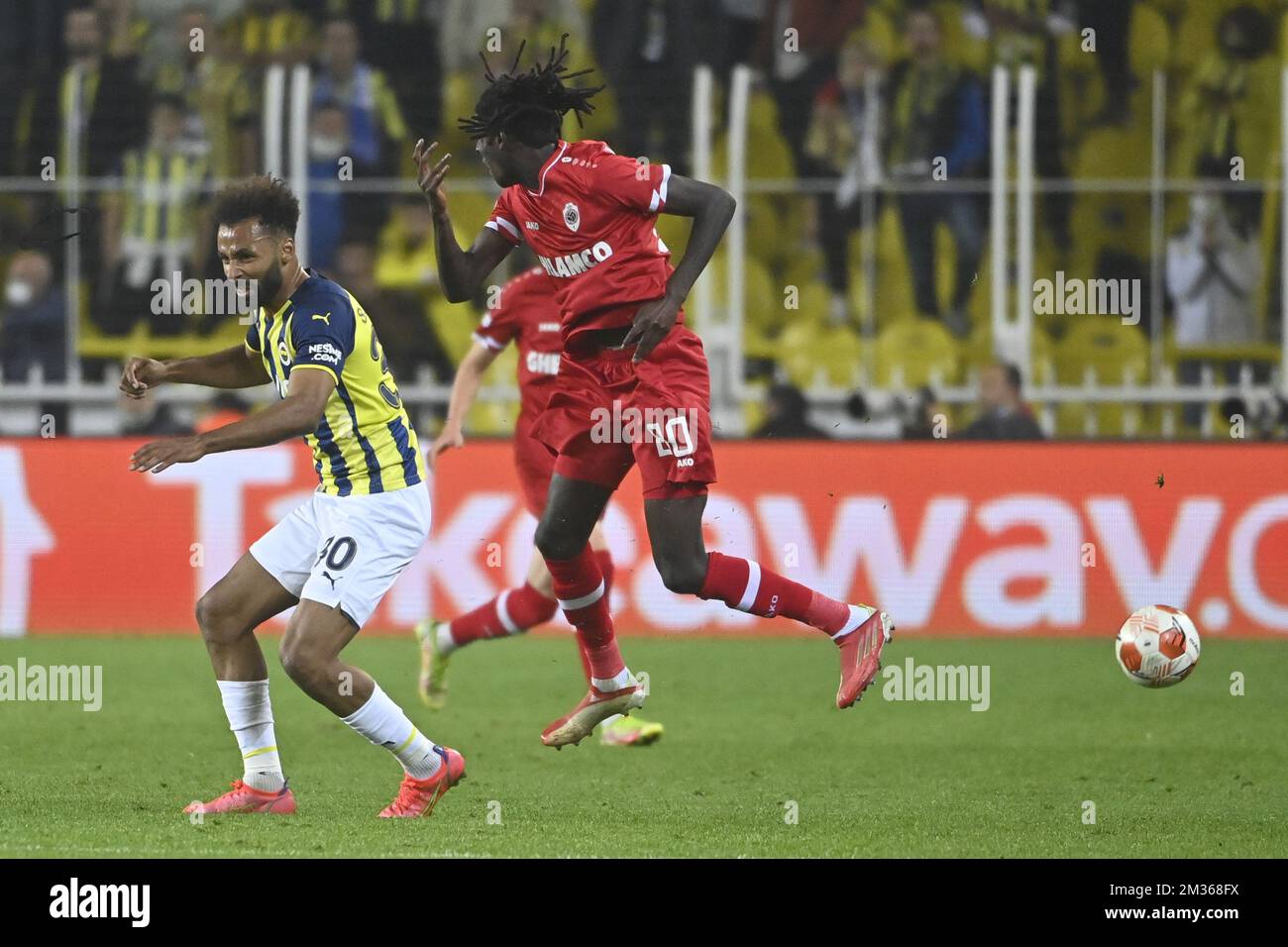 Fenerbahce Nazim Sangare and Antwerp's Pierre Junior Dwomoh fight for the ball during a match between Turkish team Fenerbahce and Belgian soccer team Royal Antwerp FC, Thursday 21 October 2021 in Istanbul, Turkey, on the third day of the UEFA Europa League group stage, in group D. BELGA PHOTO LAURIE DIEFFEMBACQ Stock Photo