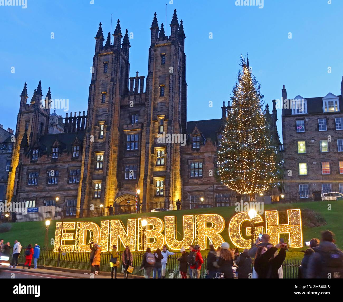 The Mound at Christmas and Hogmanay, Old Town, Edinburgh in lights, capital of Scotland, UK - spelt out in letters Stock Photo