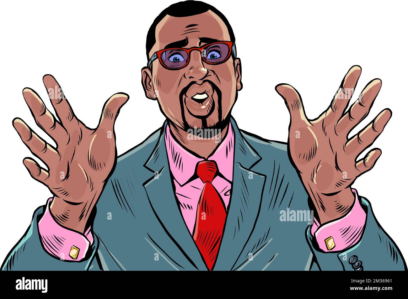 Alarmed african american businessman, hand gesture warning about danger