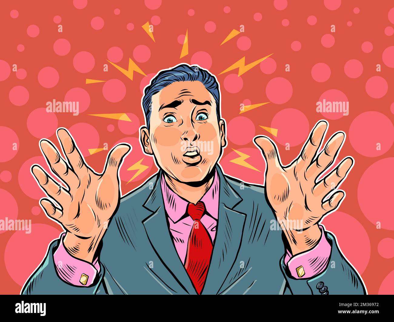Alarmed businessman, hand gesture warning about danger. Stop Stock