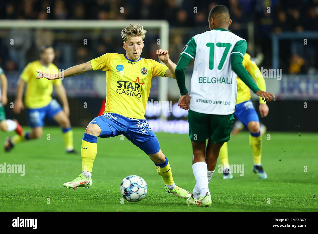 Waasland-Beveren's Tom Reyners and Lommel's Rafik Belghali fight for the ball during a soccer match between Waasland-Beveren and Lommel SK, Sunday 24 October 2021 in Beveren, on day 9 of the '1B Waasland-Beveren's Tom Reyners and Lommel's Rafik Belghali fight for the ball during a soccer match between Waasland-Beveren and Lommel SK, Sunday 24 October 2021 in Beveren, on day 9 of the '1B