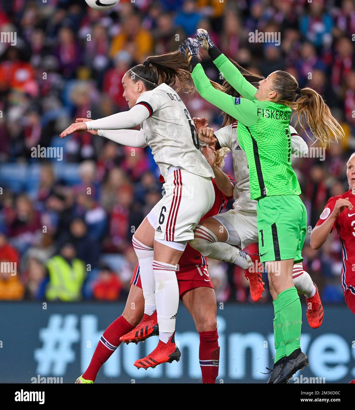 Belgium's Tine De Caigny and Norway's goalkeeper Cecilie Fiskerstrand fight for the ball during a soccer game between Norway and Belgium's national team the Red Flames, Tuesday 26 October 2021 in Oslo, Norway, the fourth game in group F of the qualifications group stage for the 2023 World Cup. BELGA PHOTO DAVID CATRY Stock Photo