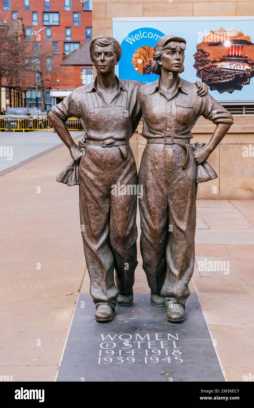 Women of Steel is a bronze sculpture that commemorates the women of Sheffield who worked in the city's steel industry during the First World War and S Stock Photo