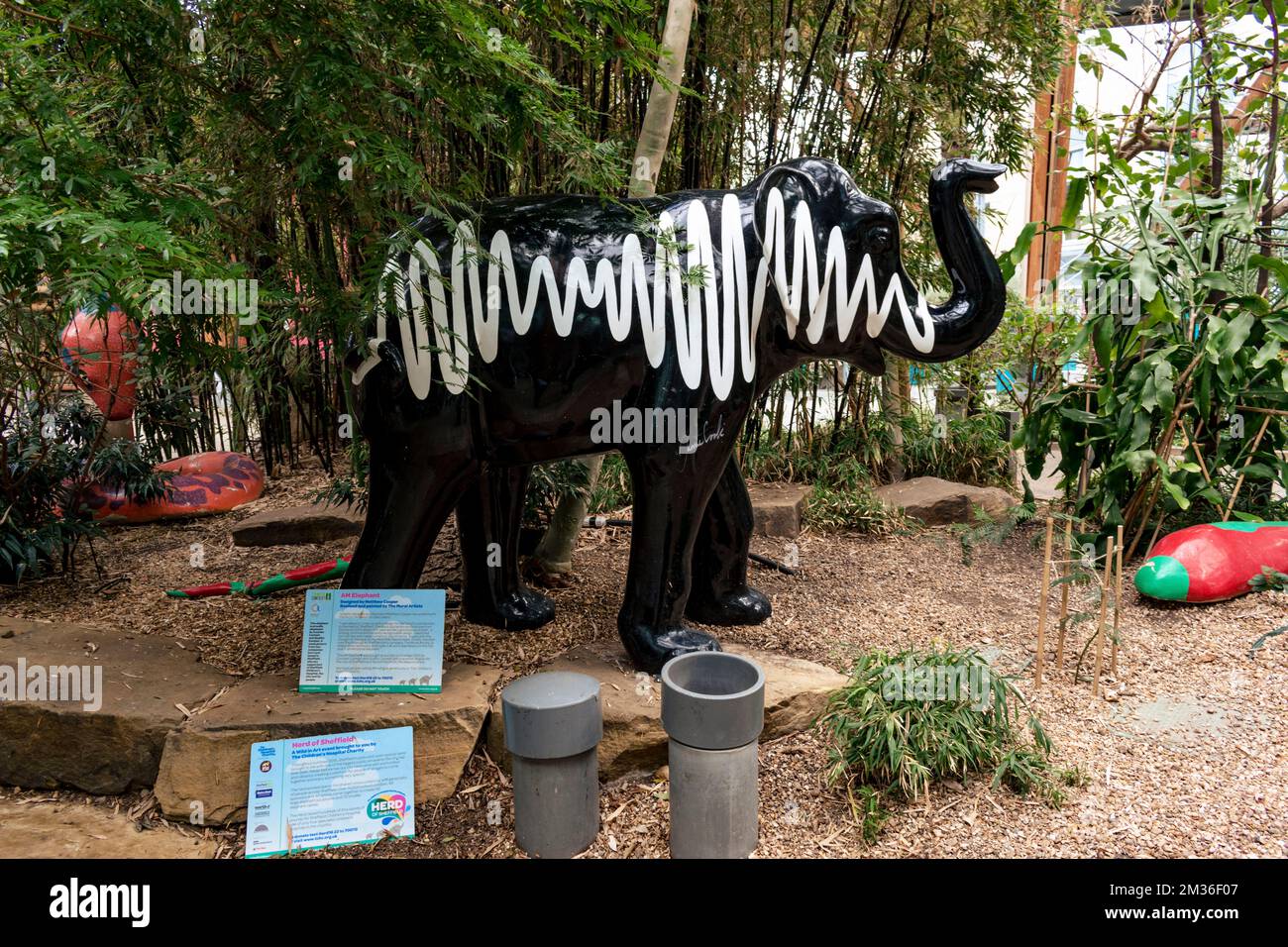 AM Elephant. Designer by Matthew Cooper and realised and painter by The Mural Artist. Sheffield Winter Garden is one of the largest temperate glasshou Stock Photo