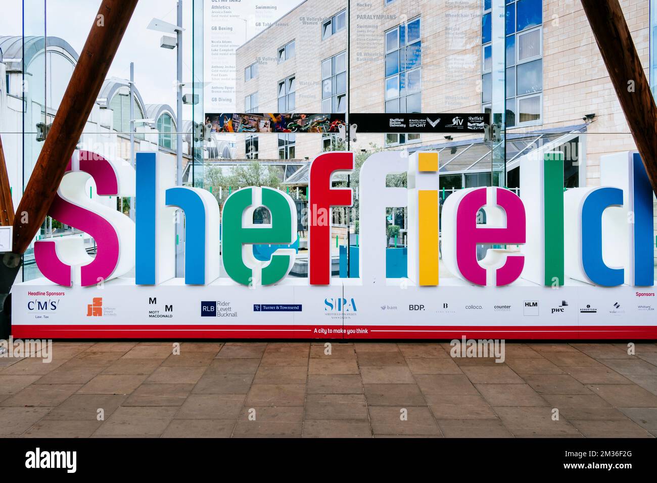 Three-dimensional mural with the name of the city. Sheffield Winter Garden is one of the largest temperate glasshouses to be built in the UK and the l Stock Photo