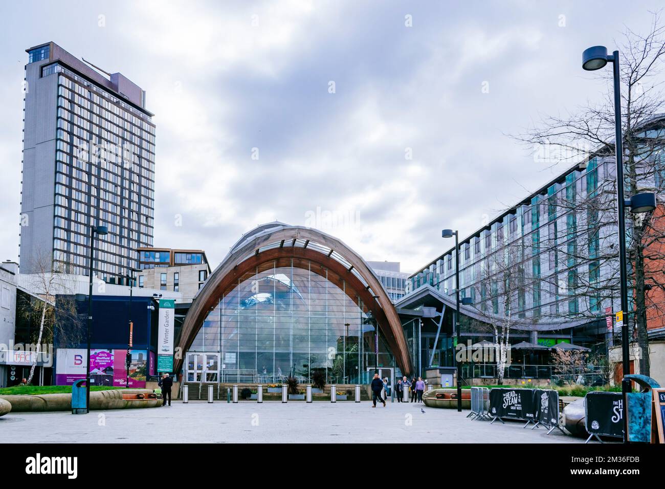 Facade. Sheffield Winter Garden is one of the largest temperate glasshouses to be built in the UK during the last hundred years, and the largest urban Stock Photo