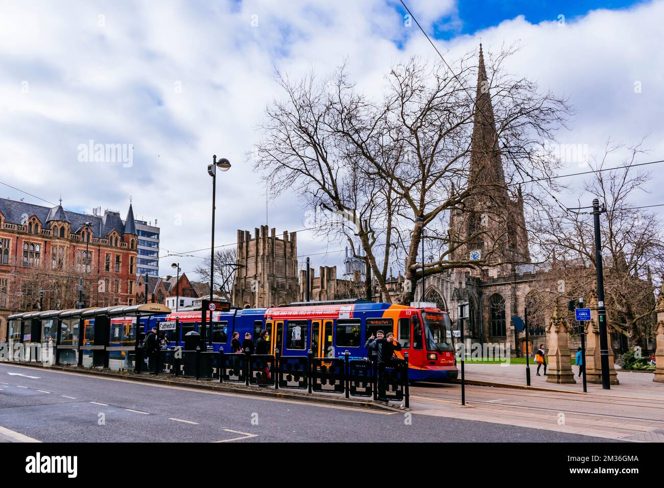 Cathedral Tram Stop. The Sheffield Supertram, branded as Stagecoach Supertram, is a light rail tram network, covering Sheffield and Rotherham, in Engl Stock Photo