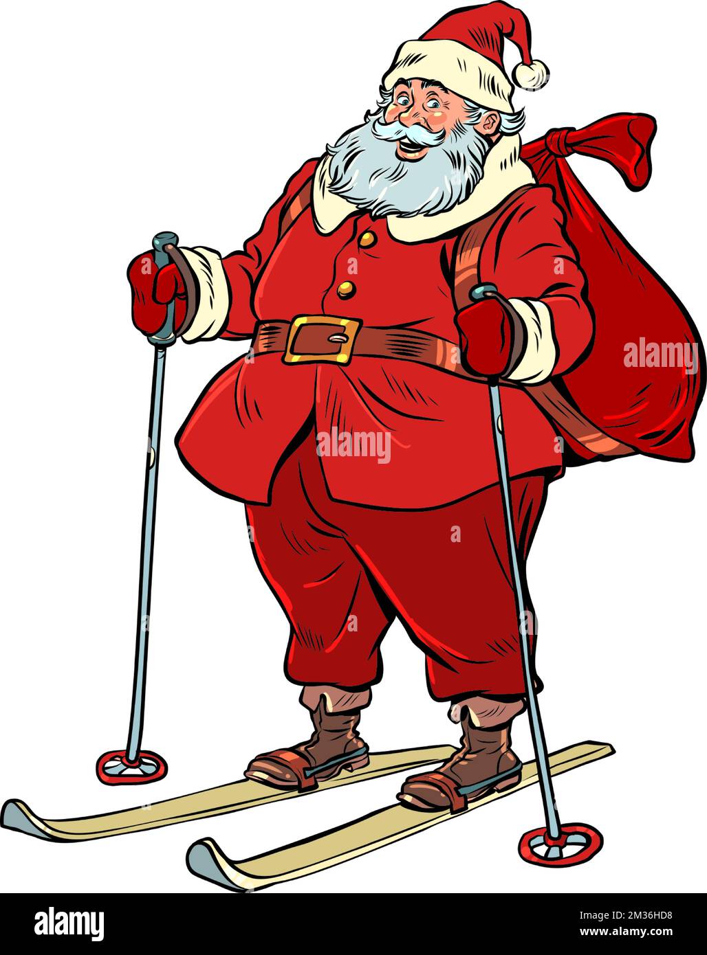 Santa Claus on skis Christmas and New Year. Red suit and big bag with gifts, holiday character Stock Vector