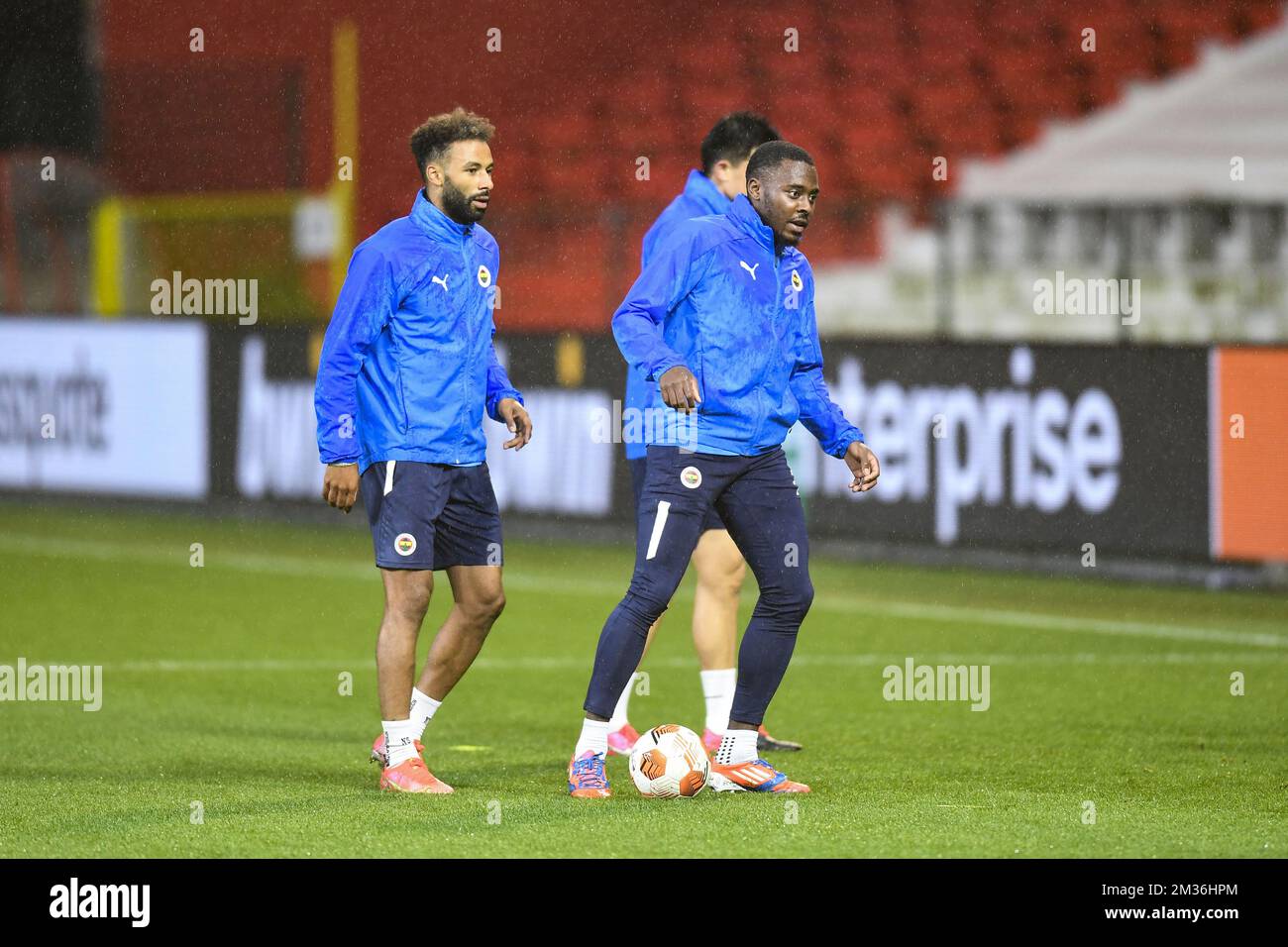 Fenerbahce Nazim Sangare and Fenerbahce Bright Osayi-Samuel pictured during a training session of Turkish soccer team Fenerbahce, Wednesday 03 November 2021 in Antwerp. The team is preparing for tomorrow's match against Belgian team Royal Antwerp FC, on the fourth day of the UEFA Europa League group stage, in group D. BELGA PHOTO TOM GOYVAERTS Stock Photo