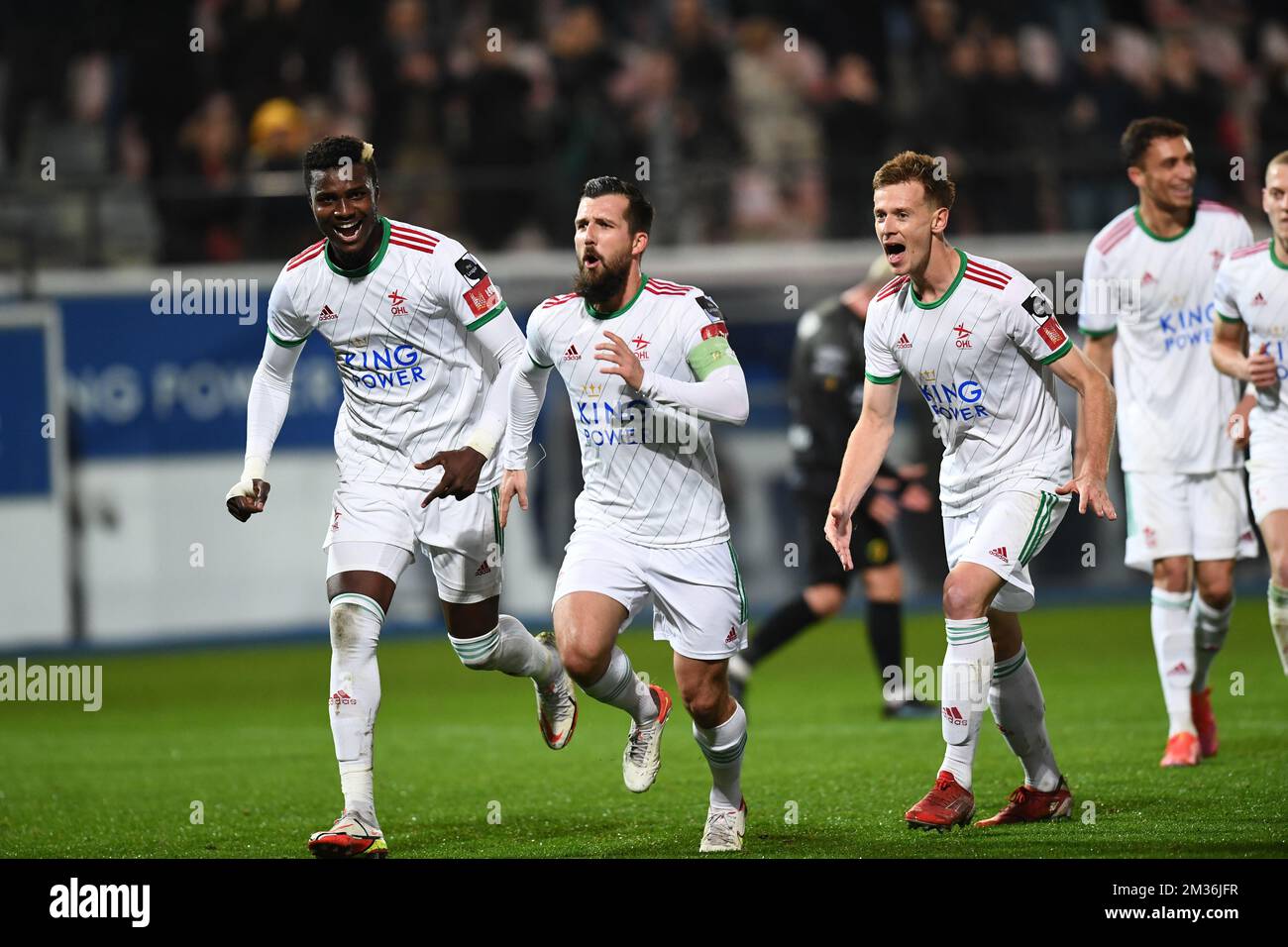 OHL's Xavier Mercier celebrates after scoring during a soccer match