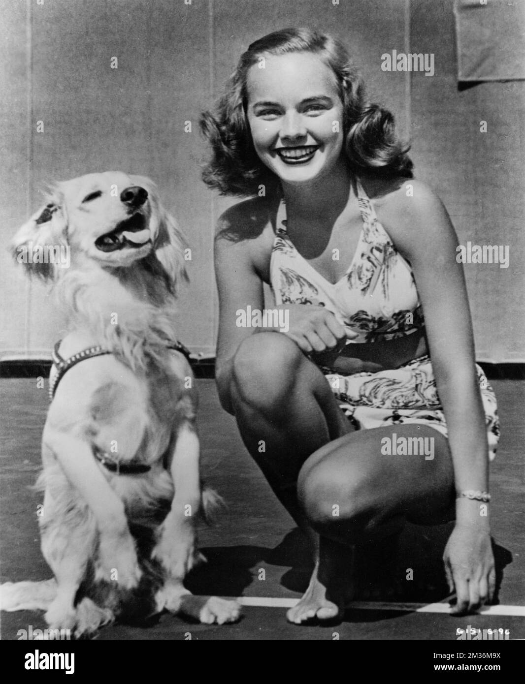 TERRY MOORE candid portrait circa 1944 in Swimsuit with Dog publicity for Twentieth Century Fox Stock Photo
