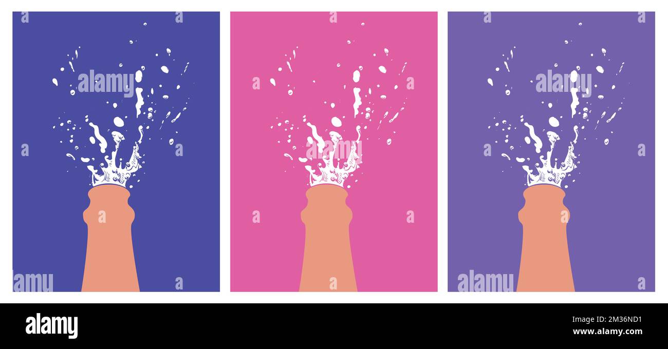 Hand drawn Illustration of Champagne explosion. Alcohol drink splash