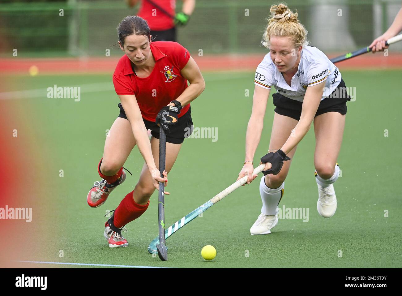 Hockeyplayer Anso Roels and Hockeyplayer Michelle Struijk pictured in action during a hockey match between the Belgian Red Panthers and the Young Red Panthers during a training camp organized by the BOIC-COIB Belgian Olympic Committee in Belek Turkey, Thursday 18 November 2021. The stage takes place from 13 to 27 November. BELGA PHOTO LAURIE DIEFFEMBACQ Stock Photo