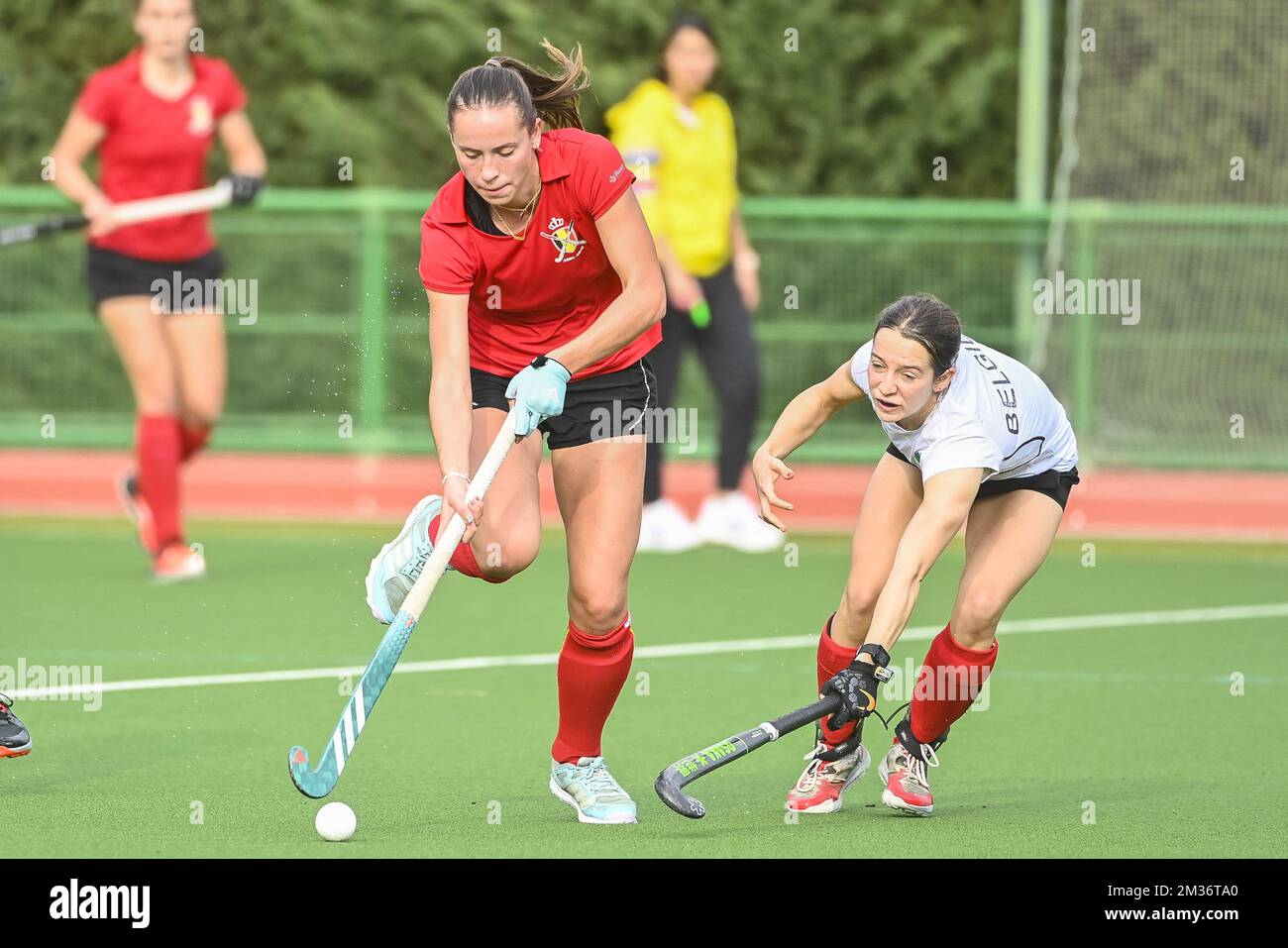 Hockeyplayer Agathe Willems and Hockeyplayer Anso Roels pictured in action during a hockey match between the Belgian Red Panthers and the Young Red Panthers during a training camp organized by the BOIC-COIB Belgian Olympic Committee in Belek Turkey, Thursday 18 November 2021. The stage takes place from 13 to 27 November. BELGA PHOTO LAURIE DIEFFEMBACQ Stock Photo