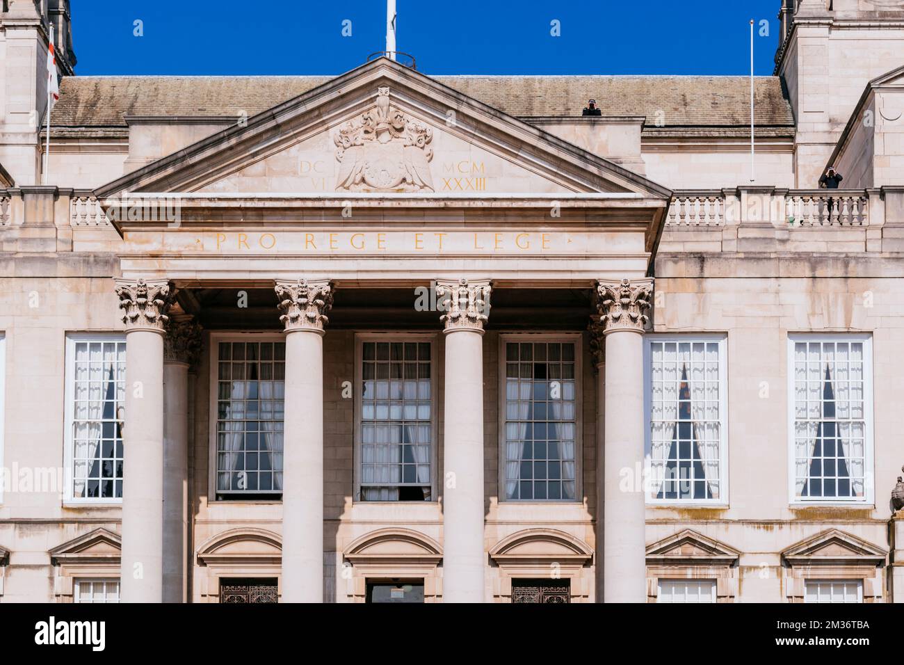 Detail facade. Leeds Civic Hall is a municipal building located in the civic quarter of Leeds. It replaced Leeds Town Hall as the administrative centr Stock Photo