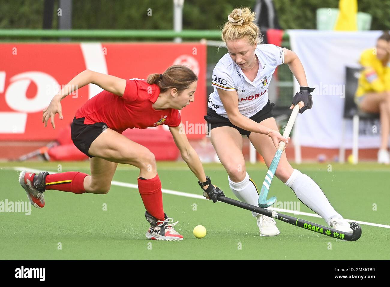 Hockeyplayer Anso Roels and Hockey player Michelle Struijk pictured in action during a hockey match between the Belgian Red Panthers and the Young Red Panthers during a training camp organized by the BOIC-COIB Belgian Olympic Committee in Belek Turkey, Thursday 18 November 2021. The stage takes place from 13 to 27 November. BELGA PHOTO LAURIE DIEFFEMBACQ Stock Photo