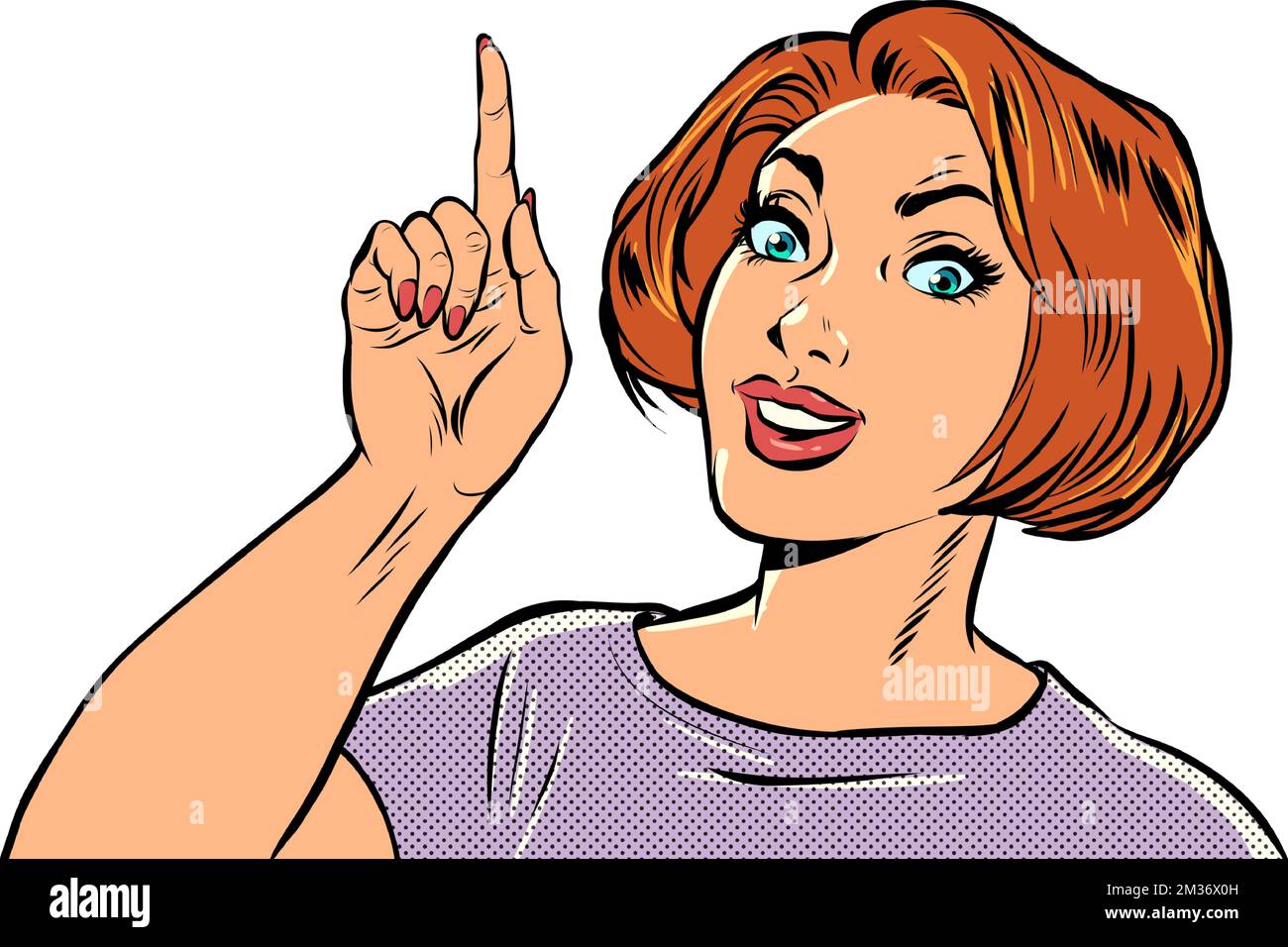 woman points finger gesture, quality recommendation, hand gesture, advertisement announcement Stock Vector