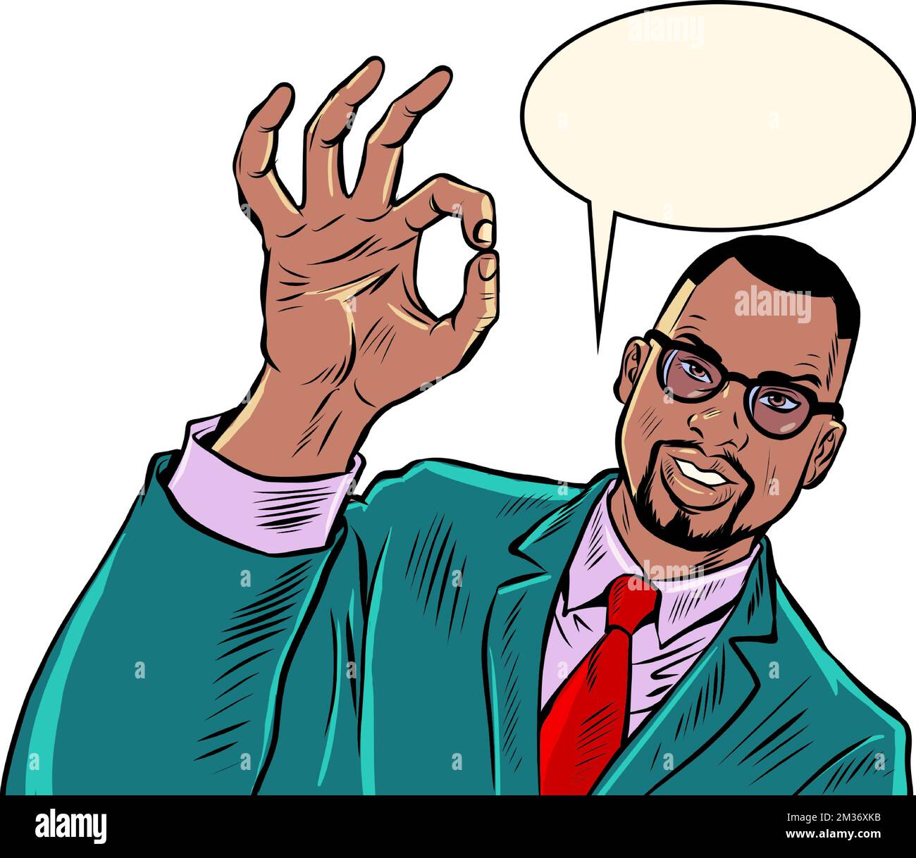 African American businessman man OK gesture, quality recommendation, hand gesture, advertisement announcement Stock Vector