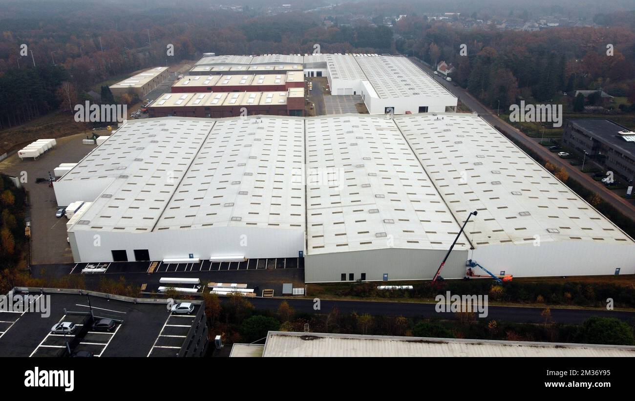 Aerial drone picture shows the distribution center of DPD parcel shiping  company within Belgium and internationally, in Lummen, Tuesday 23 November  2021. Social inspections came to the center earlier today for controles