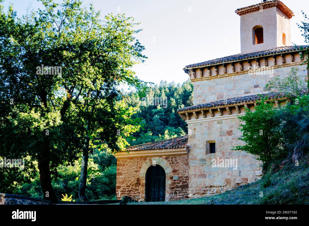 The San Millán Suso Monastery was founded by San Millán in the 6th century. The monastery consists of hermits' caves and a church. It forms part of th Stock Photo