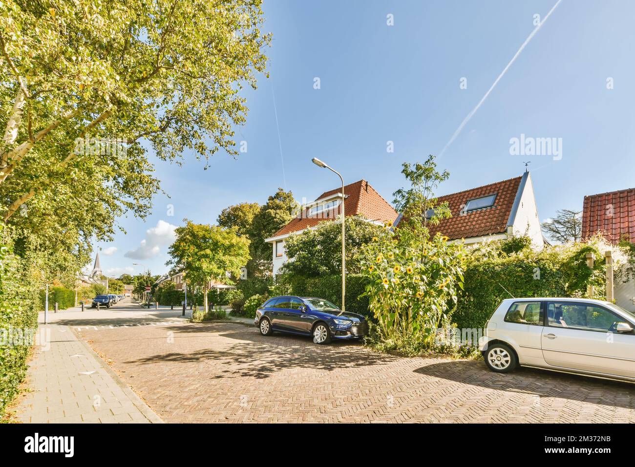 two cars parked on the side of a road in front of some houses and trees ...