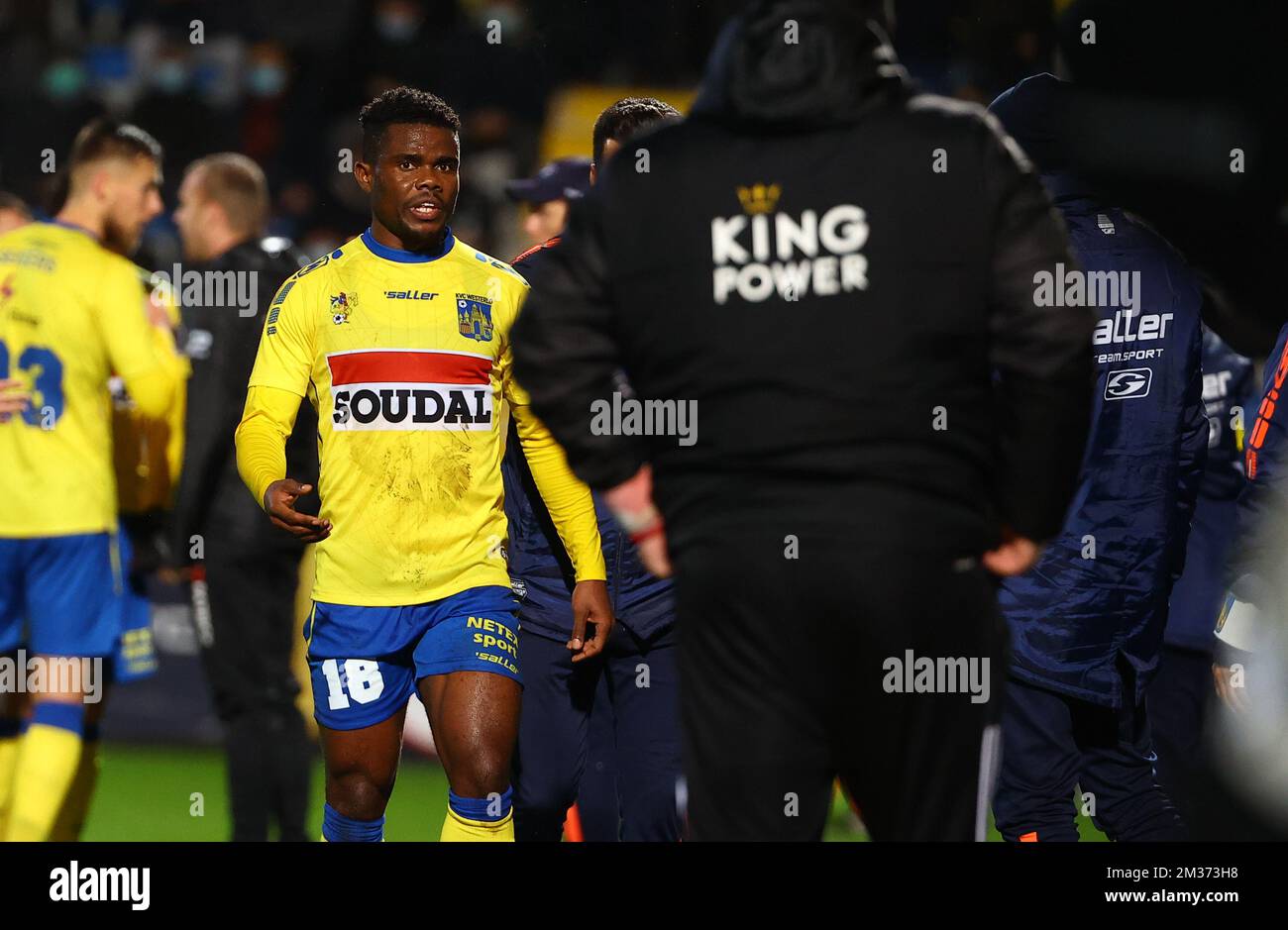 Westerlo's Kouya Mabea leaves the field after receiving a red card during a soccer game between D1B club KVC Westerlo and JPL club OH Leuven, Wednesday 01 December 2021 in Westerlo, in the round of 16 of the 'Croky Cup' Belgian soccer cup. BELGA PHOTO DAVID PINTENS Stock Photo