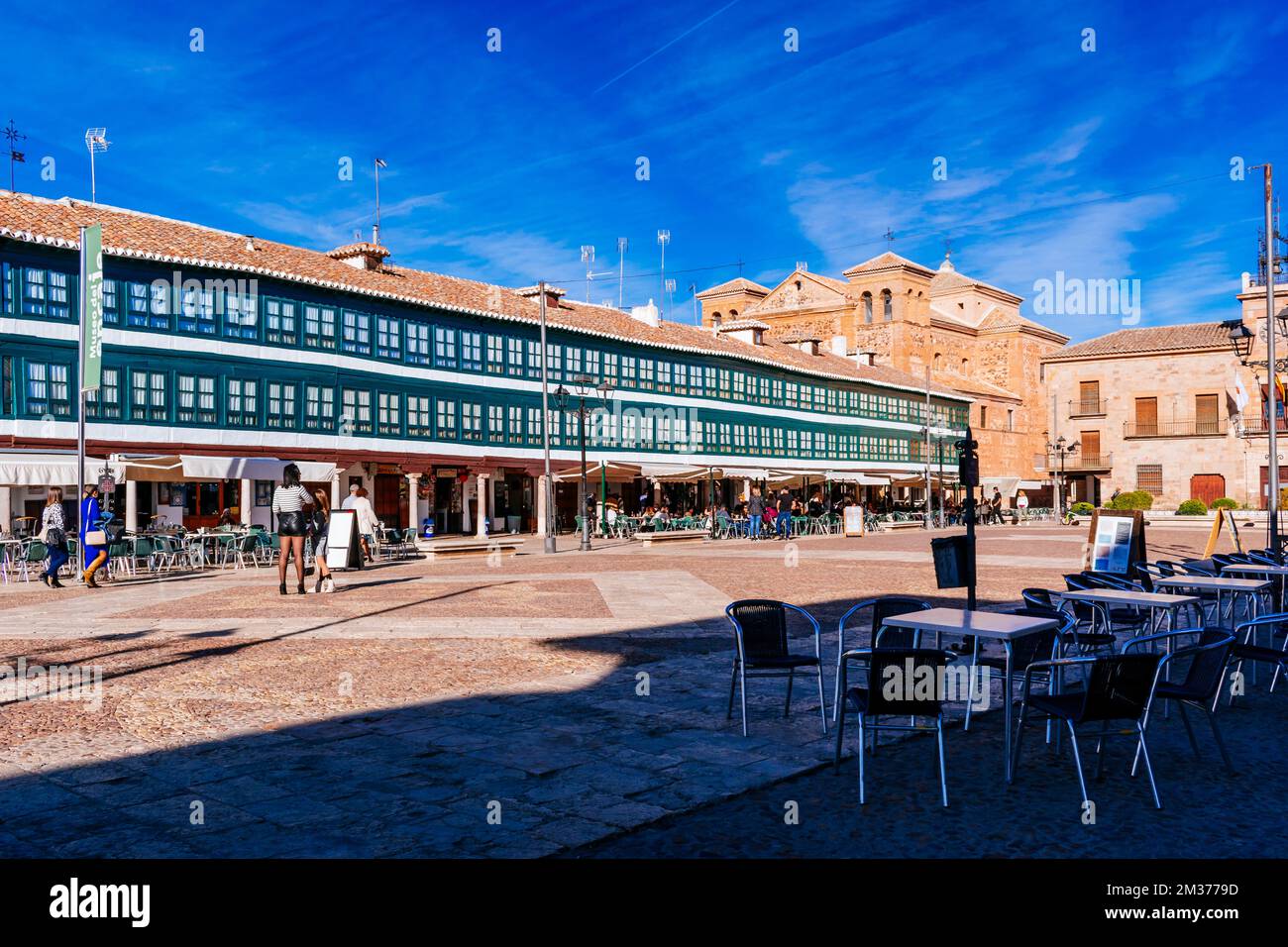 Plaza Mayor, Main Square,located in the center of the old town with a rectangular, irregular floor layout, with arcades of Tuscan stone columns under Stock Photo