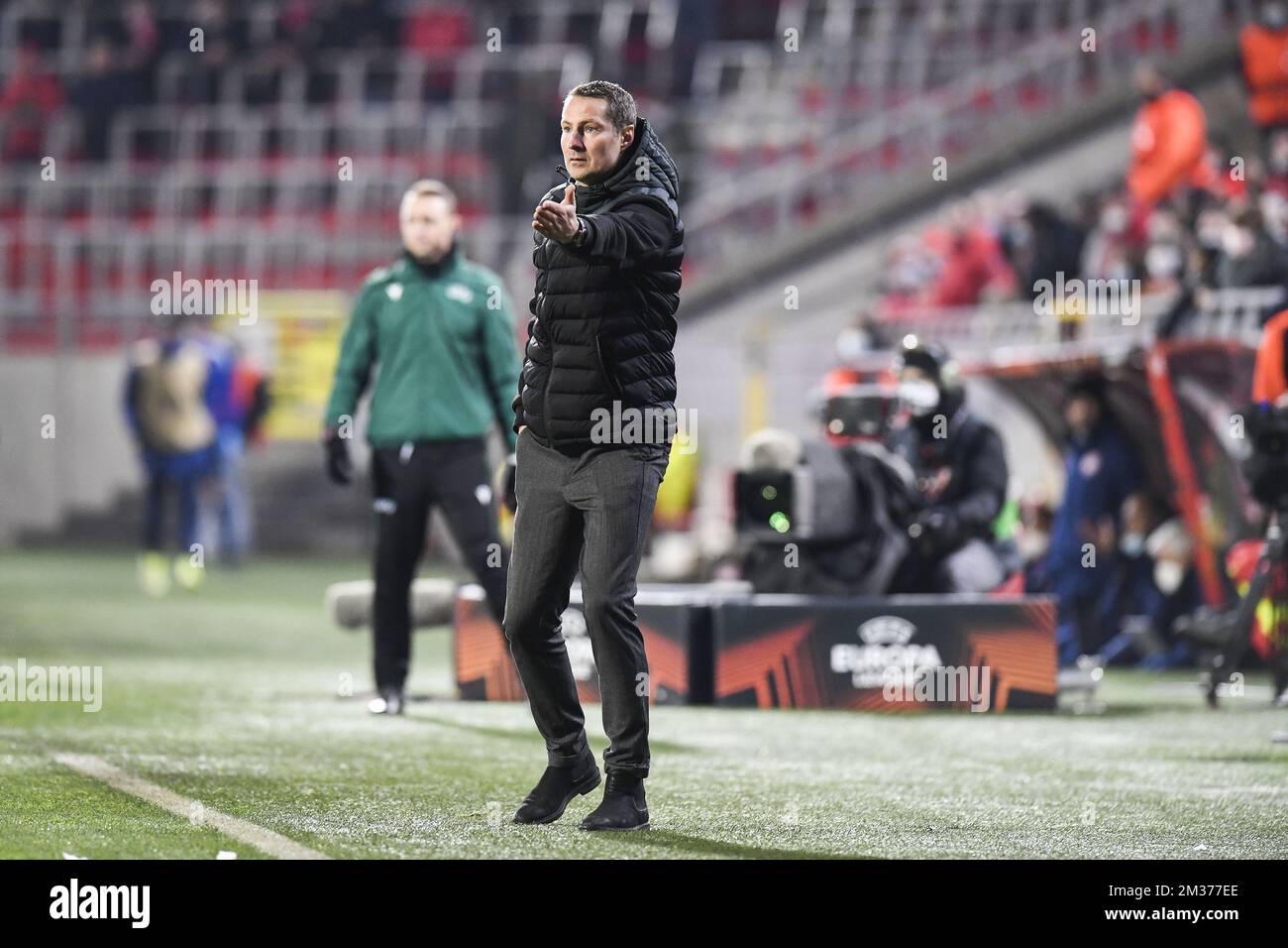 Antwerp's head coach Brian Priske pictured during an Europa League game between Belgian soccer team Royal Antwerp FC and Greek soccer team Olympiacos F.C., Thursday 09 December 2021, in Antwerp, Belgium, on the sixth and last day in Group D of the UEFA Europa League group stage. BELGA PHOTO TOM GOYVAERTS Stock Photo