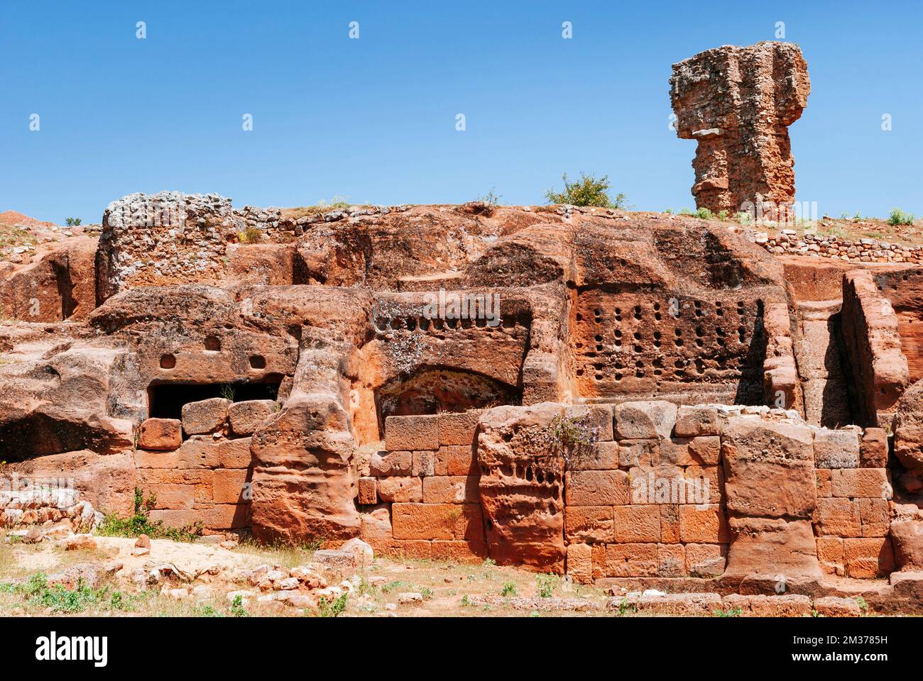 Ancient rock-cut houses. Tiermes Celtiberian-Roman Archaeological Site. Tiermes, Montejo de Tiermes, Soria, Castilla y León, Spain, Europe Stock Photo