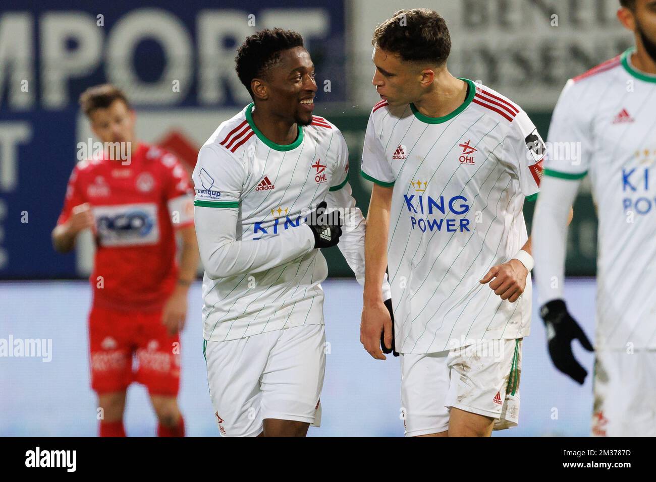 OHL's Jesse Sekidika celebrates after scoring during a soccer match