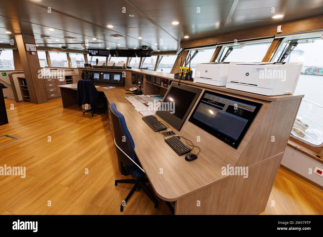 Illustration shows the inside of the bridge of the new Belgica research  vessel, in the naval base in Zeebrugge, Tuesday 14 December 2021. The new  research ship Belgica replaces the 37-year-old ship,